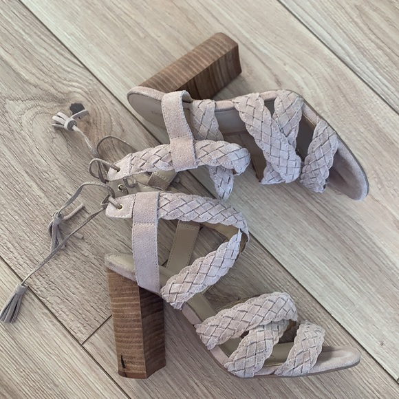 BCBGeneration BCBG Taupe Braided Strappy High Heels with Tassle Ties - “Ledina” - Picture 2 of 4